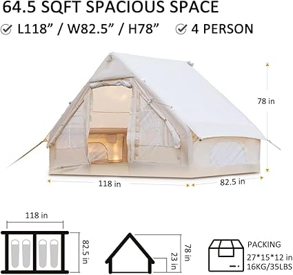 Inflatable Camping Tent with Pump, Easy Setup 4 Season Glamping Tent with High Performance Inflatable Structure, 4-6 Persons Waterproof Windproof Outdoor Self-Supporting Air Tent