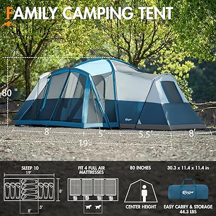 PORTAL 10 Person Family Camping Tent with Screen Room, Water Resistant Big Tunnel Tent with Rainfly, Large Family Tent for Outdoor Camping, Party