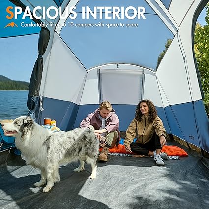 PORTAL 10 Person Family Camping Tent with Screen Room, Water Resistant Big Tunnel Tent with Rainfly, Large Family Tent for Outdoor Camping, Party